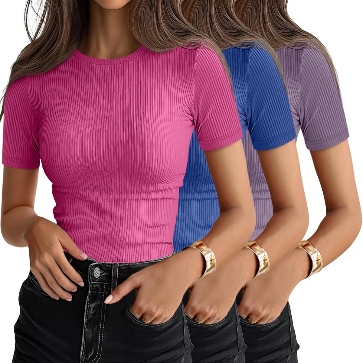 Women's Ribbed Cotton Tees 3 Pack - Crew Neck, Slim Fitted Short Sleeve Tops for Work and Weekends - Small