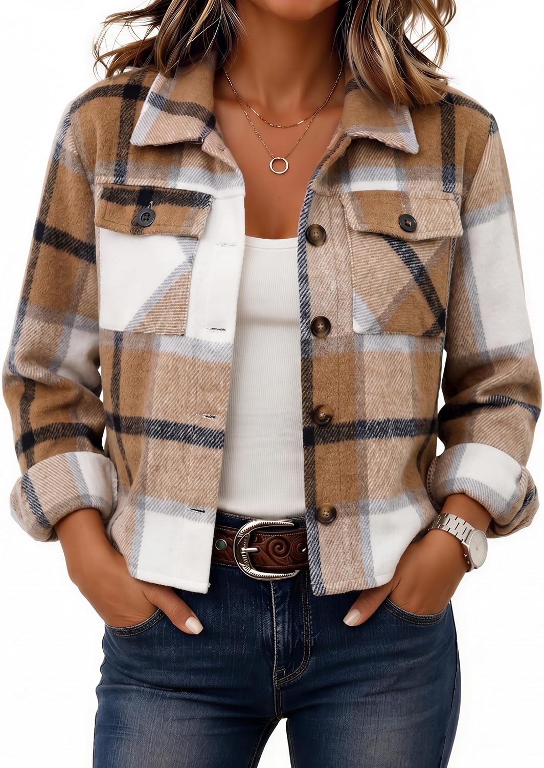 Women's Cropped Plaid Flannel Shacket - Button Down Shirt Jacket for Fall and Winter Layering - Small (9)