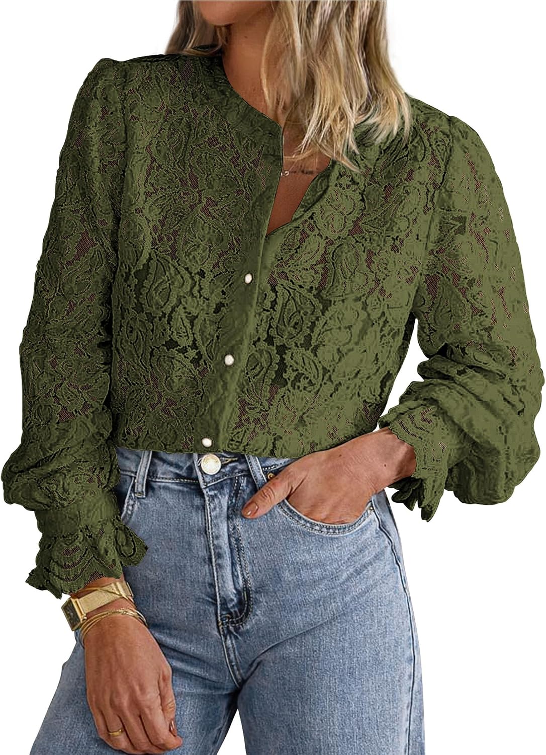 Women's Lace Button Down Blouse - Long Sleeves, Sheer Panels, Dressy Casual Top for Date Night and Travel - Small