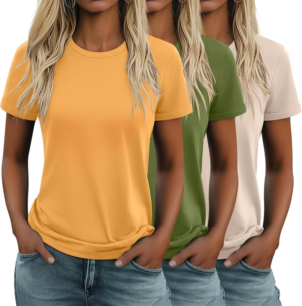 Women's Cotton Basic Tees 3 Pack - Crew Neck, Loose Fit Short Sleeve Tops for Daily and Gym Wear - Black, White, Gray
