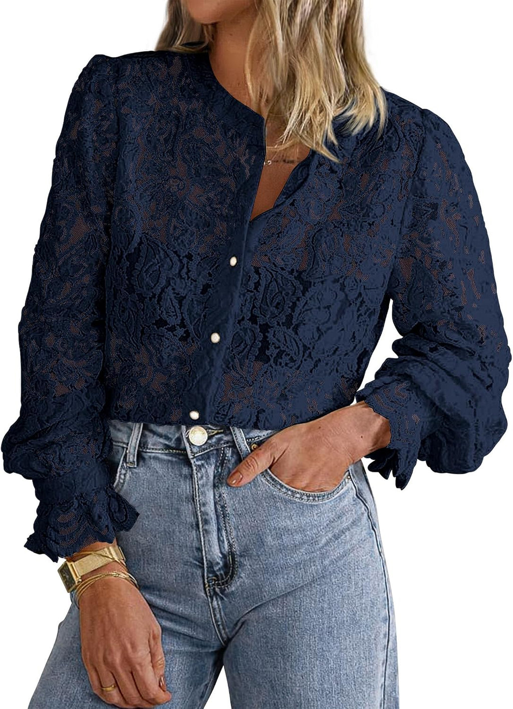 Women's Lace Button Down Blouse - Long Sleeves, Sheer Panels, Dressy Casual Top for Date Night and Travel - Small