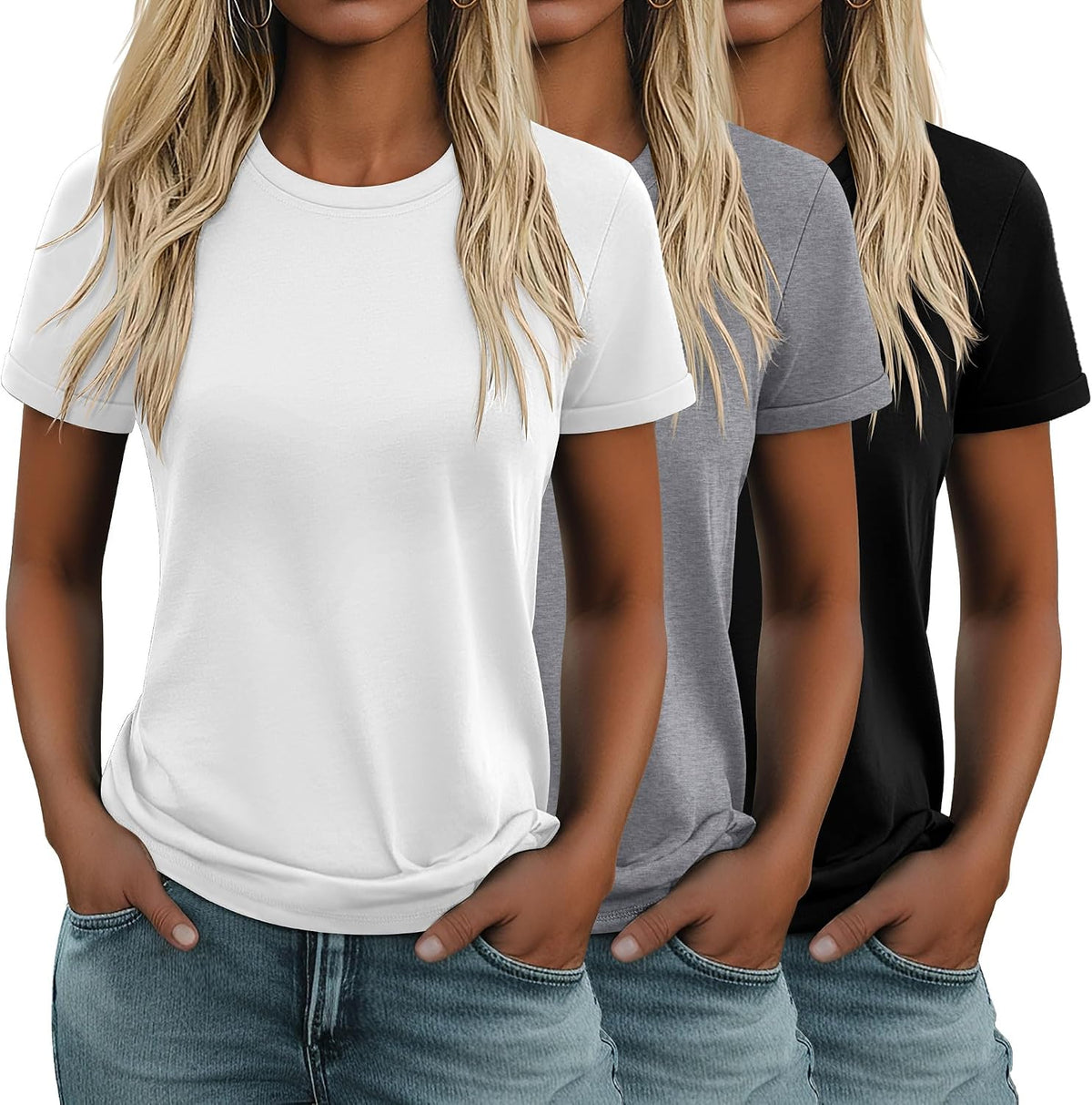 Women's Cotton Basic Tees 3 Pack - Crew Neck, Loose Fit Short Sleeve Tops for Daily and Gym Wear - Black, Coffee, Dark G