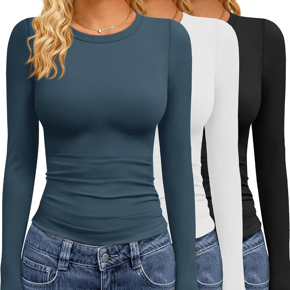 Women's Long Sleeve Tees 3 Pack - Crew Neck, Slim Stretch Fit, Wrinkle Resistant Tops for Office and Gym - Black,white,b