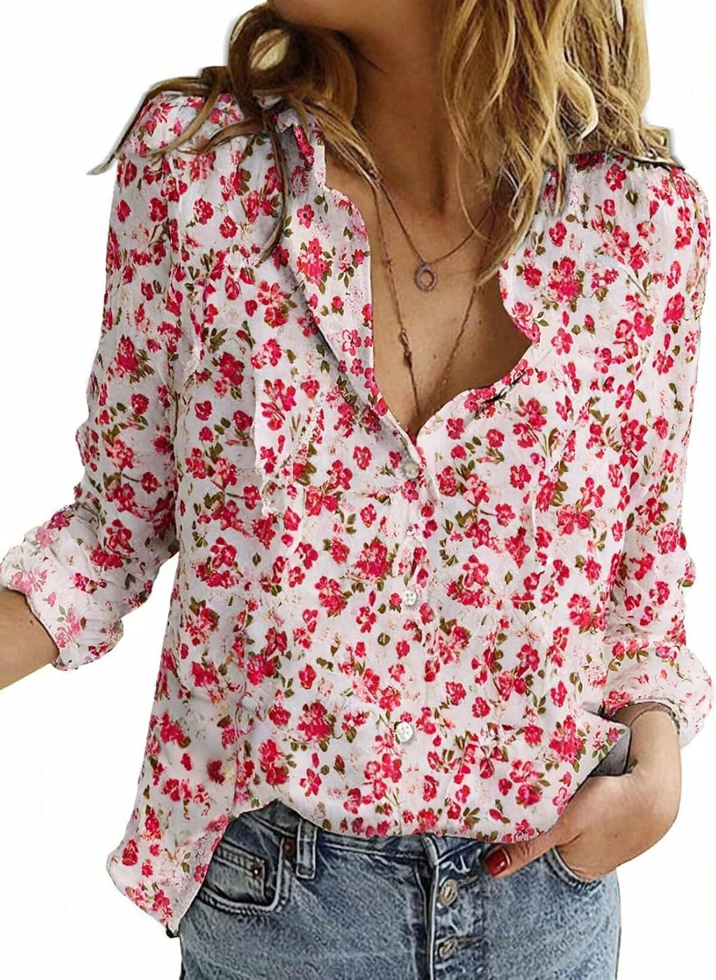 Women's V Neck Button Down Blouse - Roll Up Tab Sleeves, Casual Work Shirt in Solids and Floral Prints - Large (25)