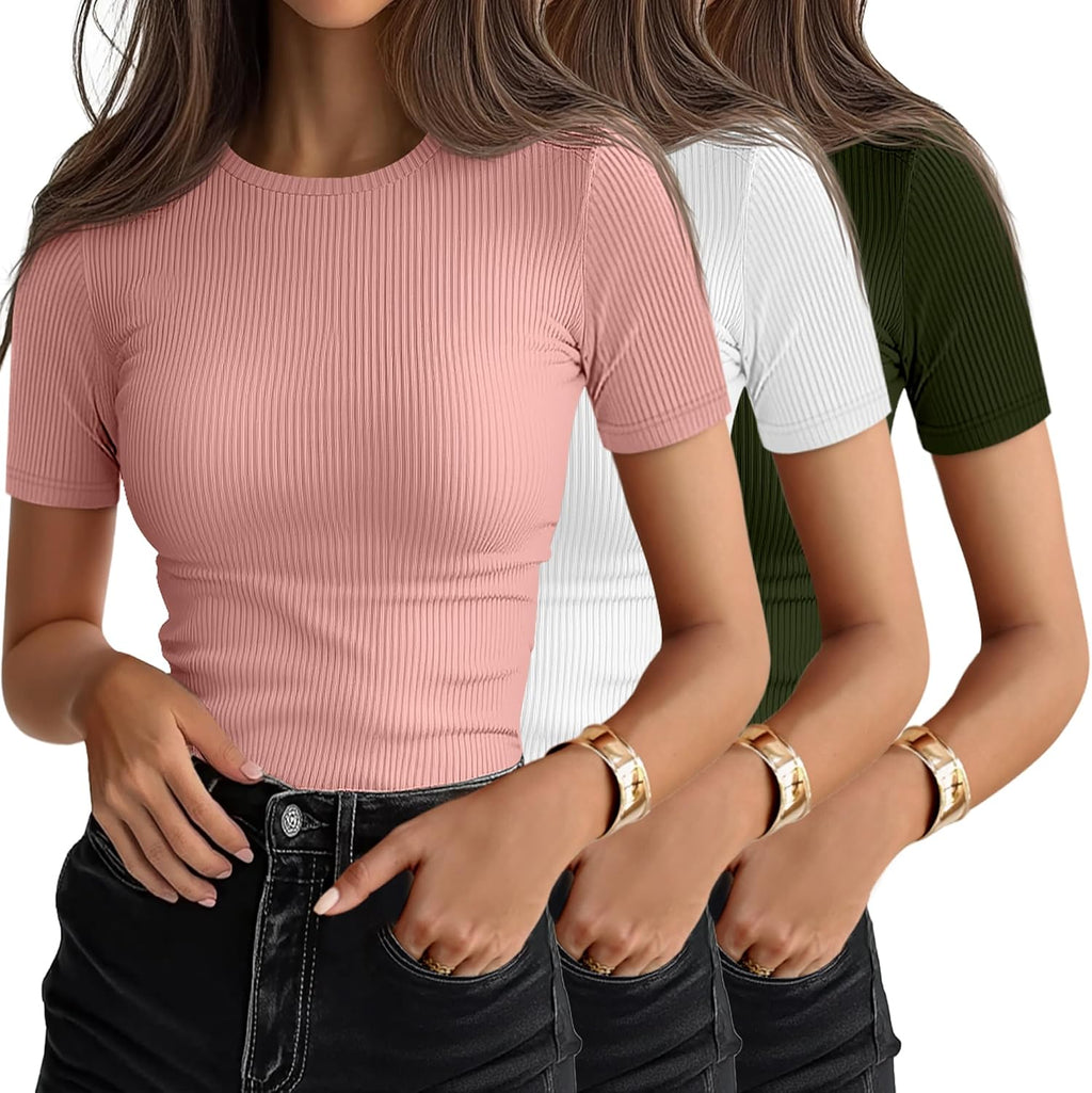 Women's Ribbed Cotton Tees 3 Pack - Crew Neck, Slim Fitted Short Sleeve Tops for Work and Weekends - Small