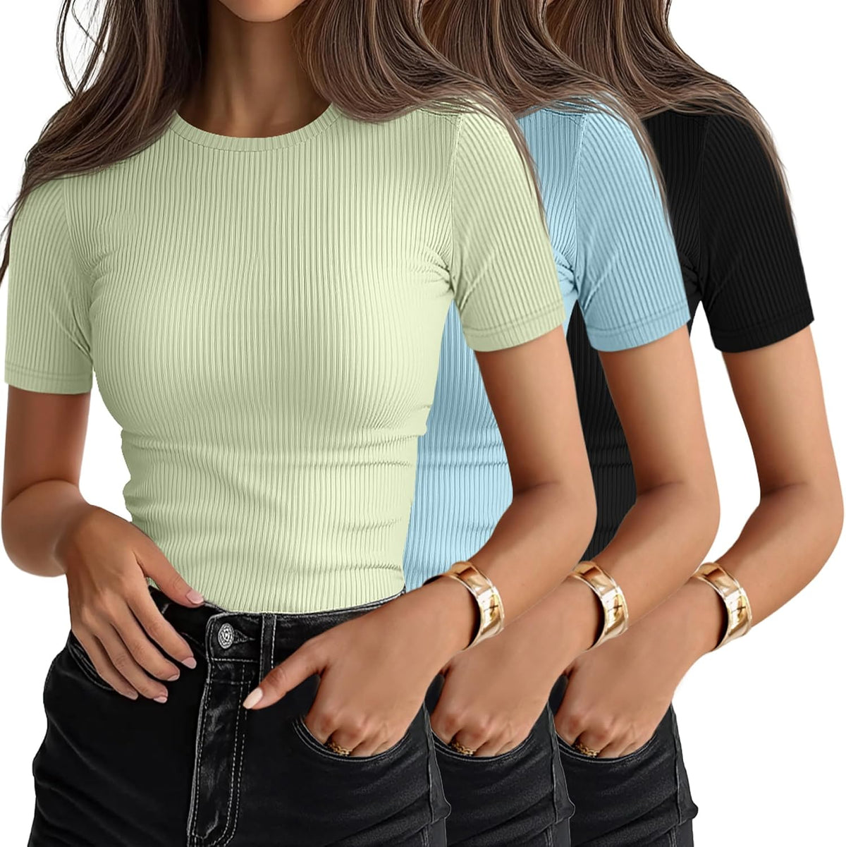 Women's Ribbed Cotton Tees 3 Pack - Crew Neck, Slim Fitted Short Sleeve Tops for Work and Weekends - Large (27)