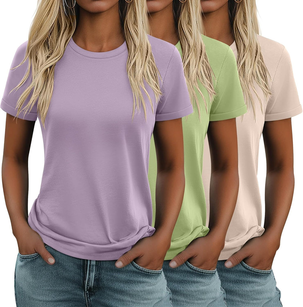 Women's Cotton Basic Tees 3 Pack - Crew Neck, Loose Fit Short Sleeve Tops for Daily and Gym Wear - Black, White, Brown