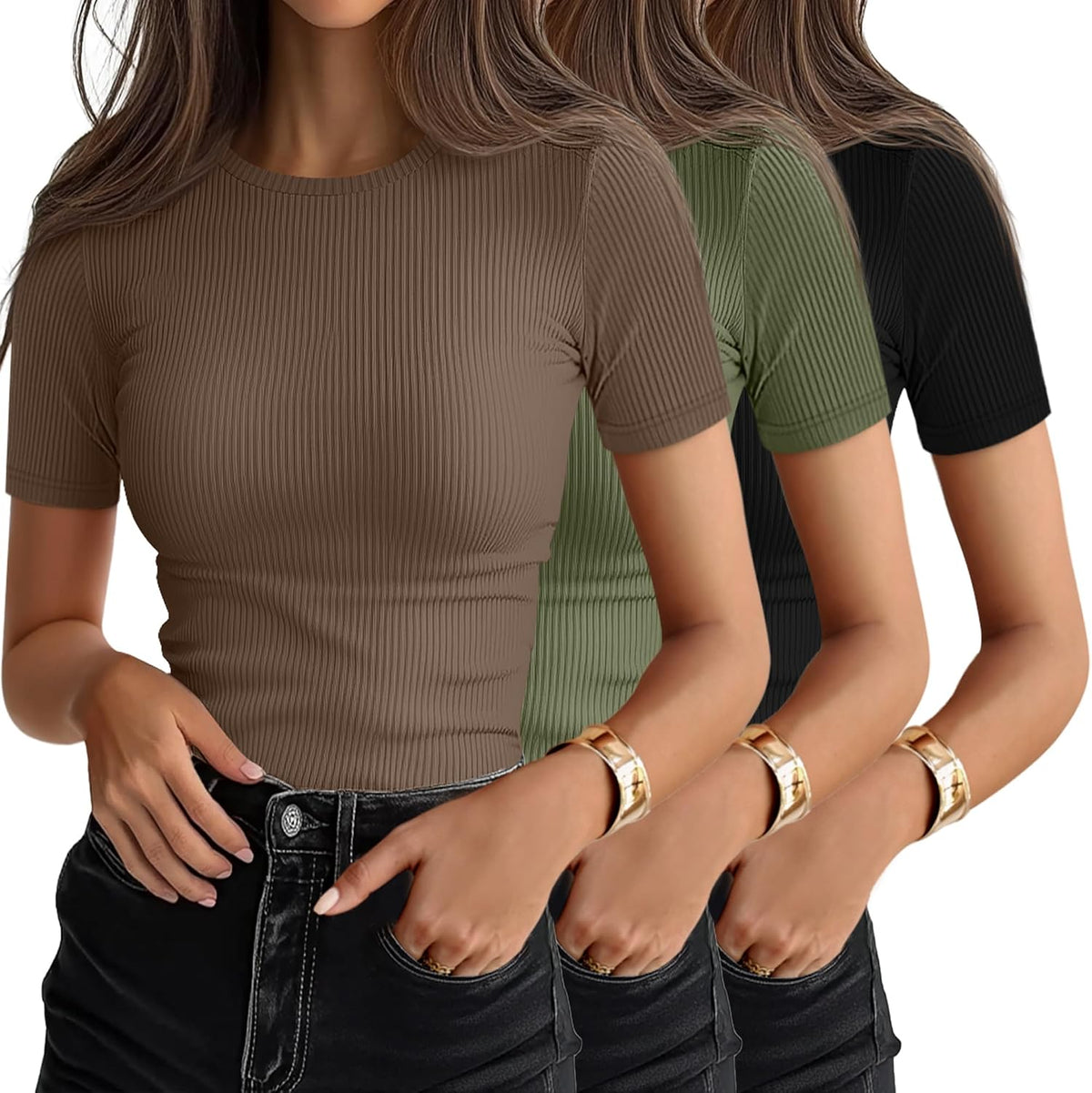 Women's Ribbed Cotton Tees 3 Pack - Crew Neck, Slim Fitted Short Sleeve Tops for Work and Weekends - Medium