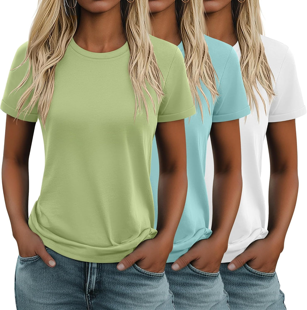 Women's Cotton Basic Tees 3 Pack - Crew Neck, Loose Fit Short Sleeve Tops for Daily and Gym Wear - Black, Coffee, Dark G