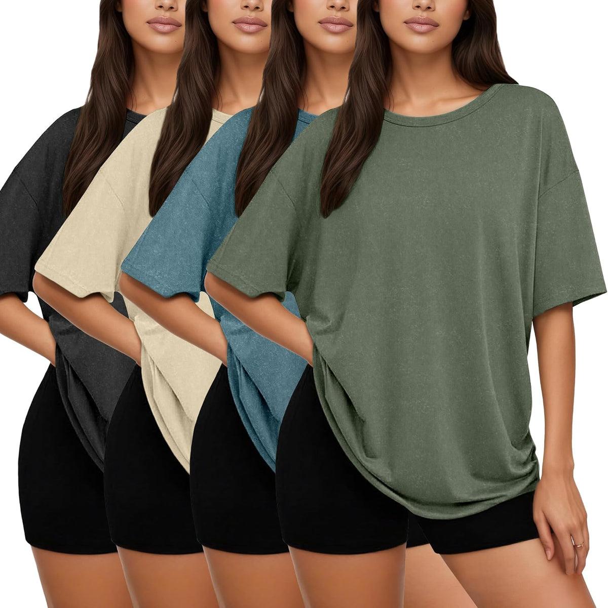 Women's Oversized T-Shirts 2 or 4 Pack - Crew Neck, Baggy Loose Fit, Plain Colours for Gym and Summer Days - Small
