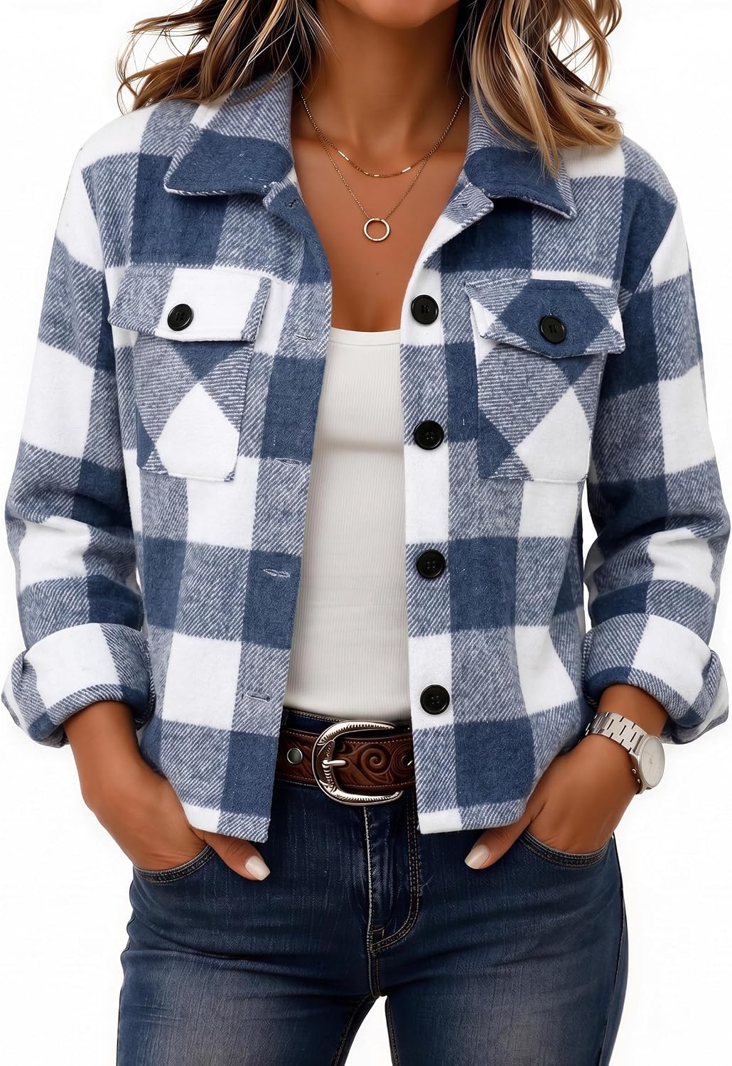 Women's Cropped Plaid Flannel Shacket - Button Down Shirt Jacket for Fall and Winter Layering - Small (11)