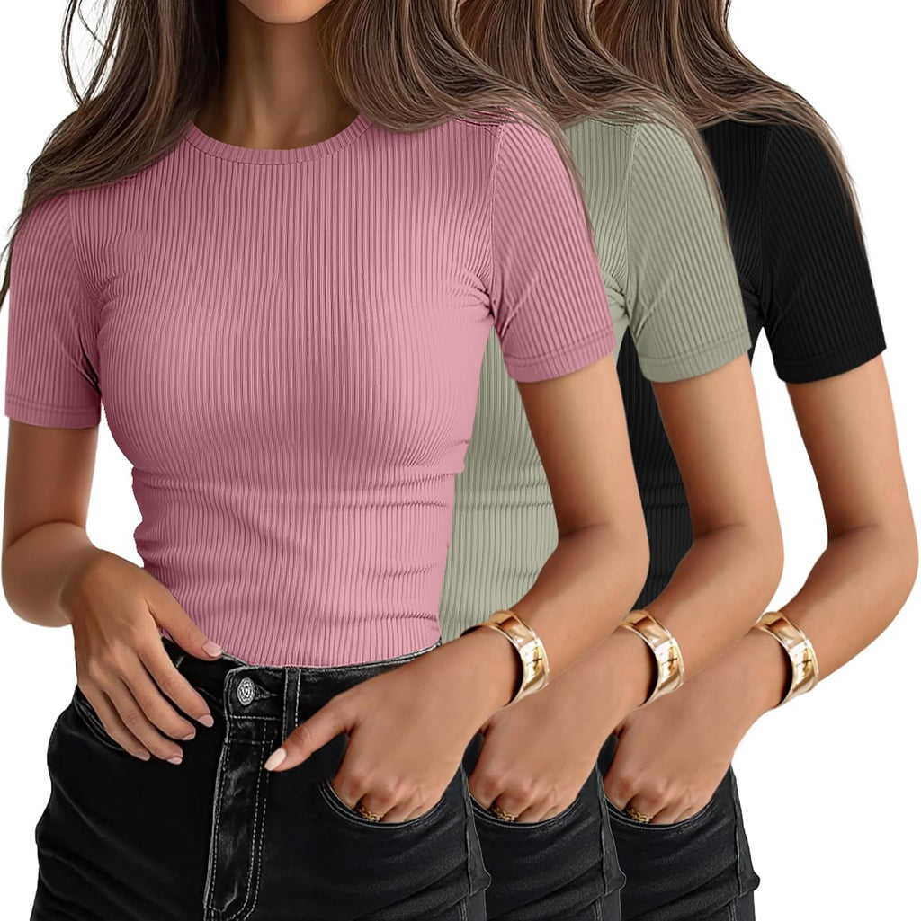 Women's Ribbed Cotton Tees 3 Pack - Crew Neck, Slim Fitted Short Sleeve Tops for Work and Weekends - Small
