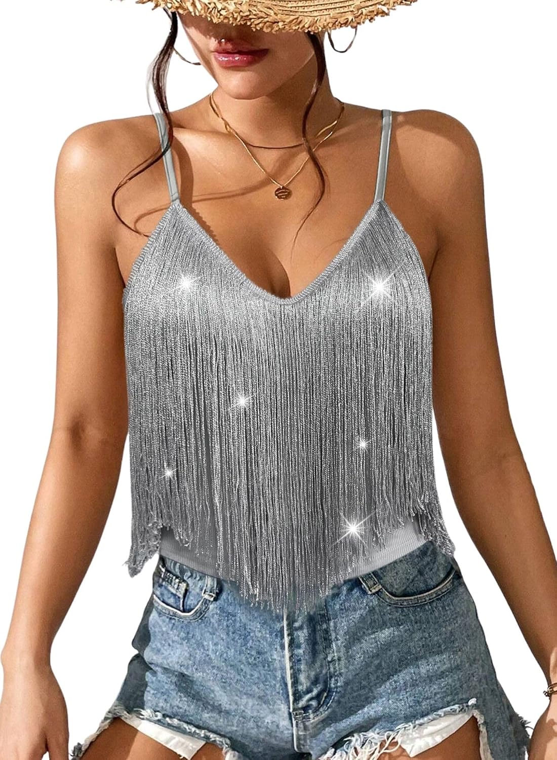 Women's Western Fringe Tank Top - Sleeveless, Tassel Hem, Country Concert and Rodeo Top for Festival Nights - Small