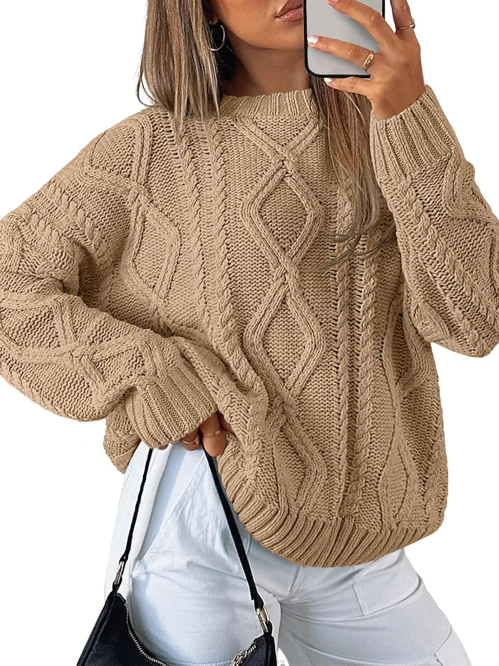 Women's Oversized Cable Knit Sweater - Chunky Knit Texture, Drop Shoulders, Pullover for Fall Layering - Small (15)