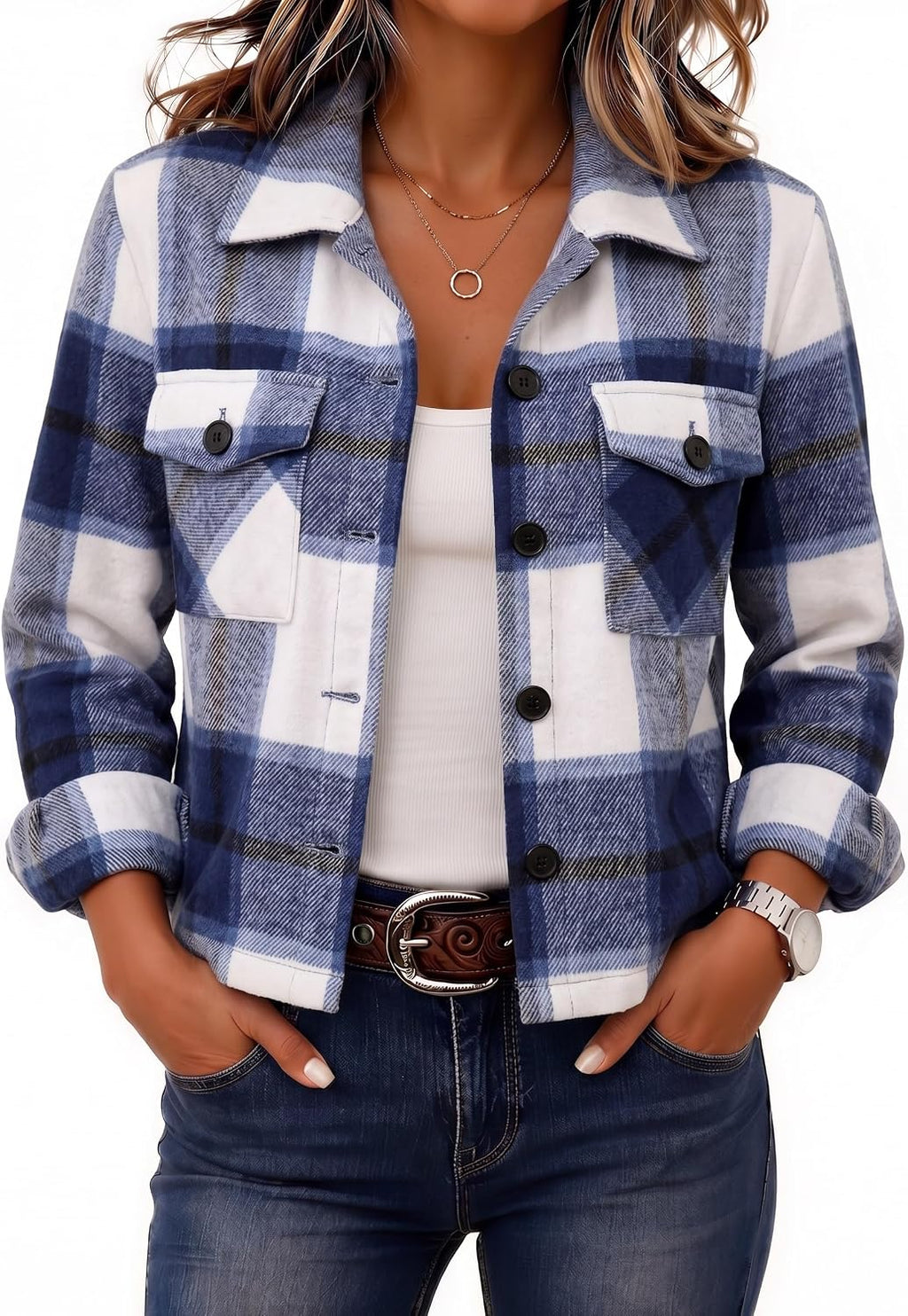 Women's Cropped Plaid Flannel Shacket - Button Down Shirt Jacket for Fall and Winter Layering - Small (10)