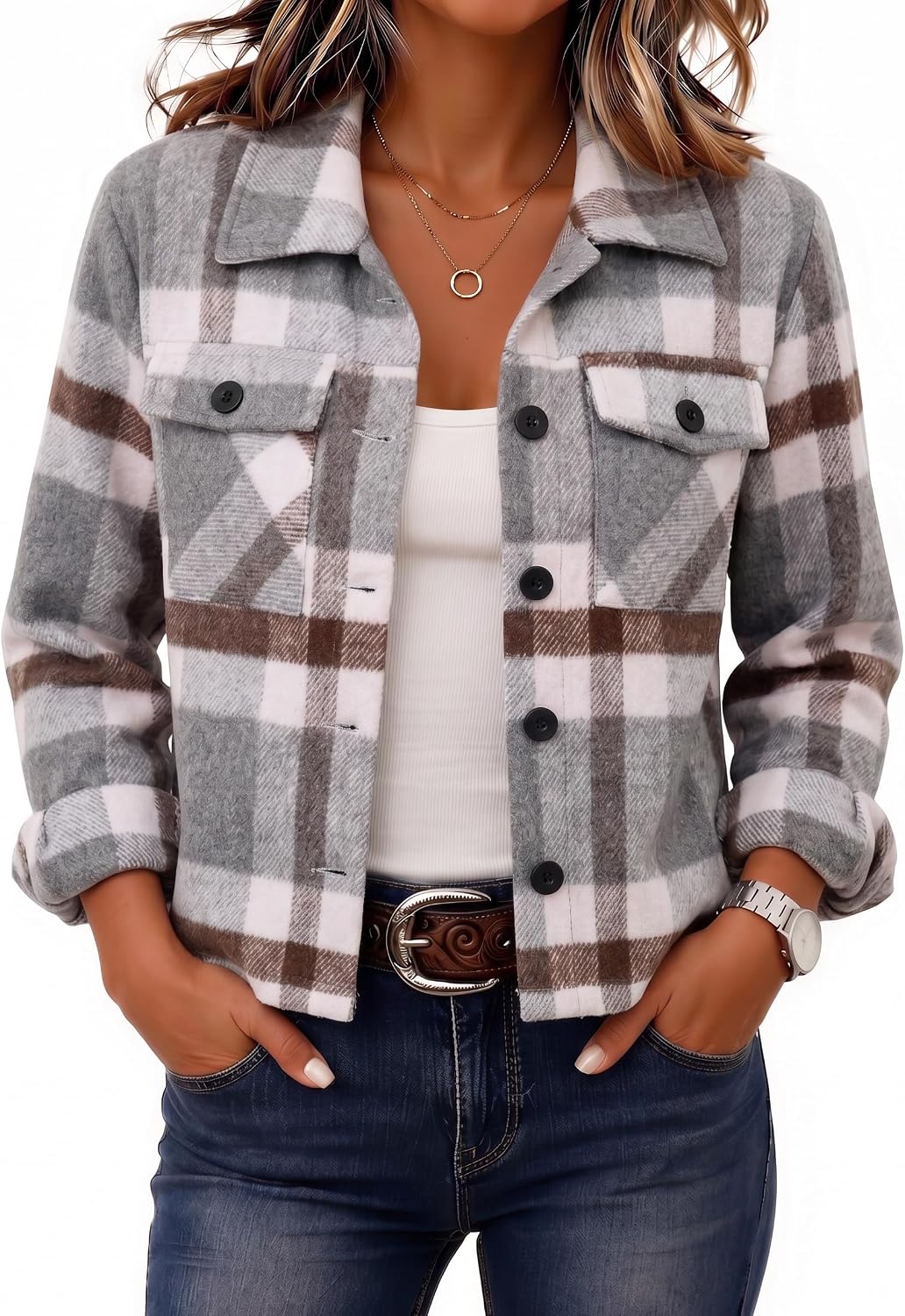 Women's Cropped Plaid Flannel Shacket - Button Down Shirt Jacket for Fall and Winter Layering - Large