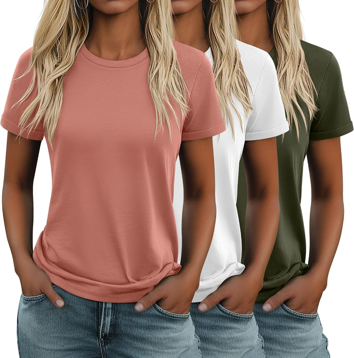 Women's Cotton Basic Tees 3 Pack - Crew Neck, Loose Fit Short Sleeve Tops for Daily and Gym Wear - Black, White, Brown