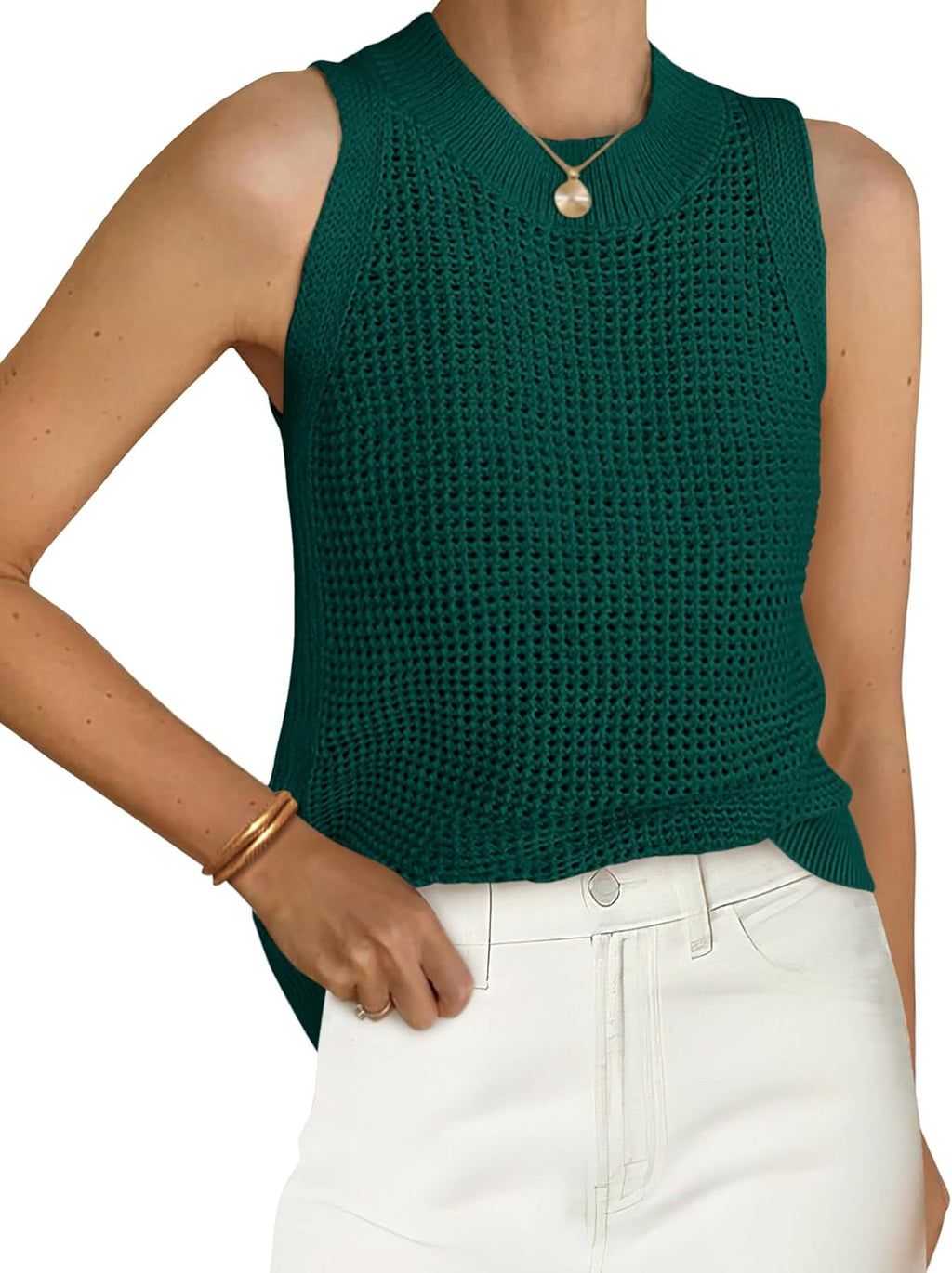 Women's Crochet Knit Tank Top - Crew Neck, Open Hollow Out Stitch, Sleeveless Sweater Vest for Resort Days - Medium