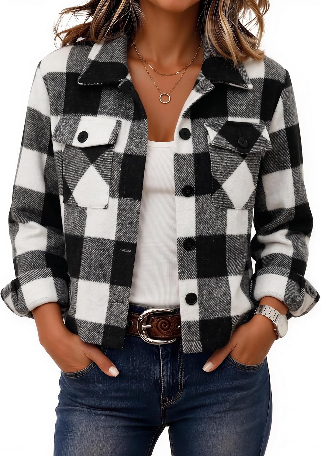 Women's Cropped Plaid Flannel Shacket - Button Down Shirt Jacket for Fall and Winter Layering - Medium