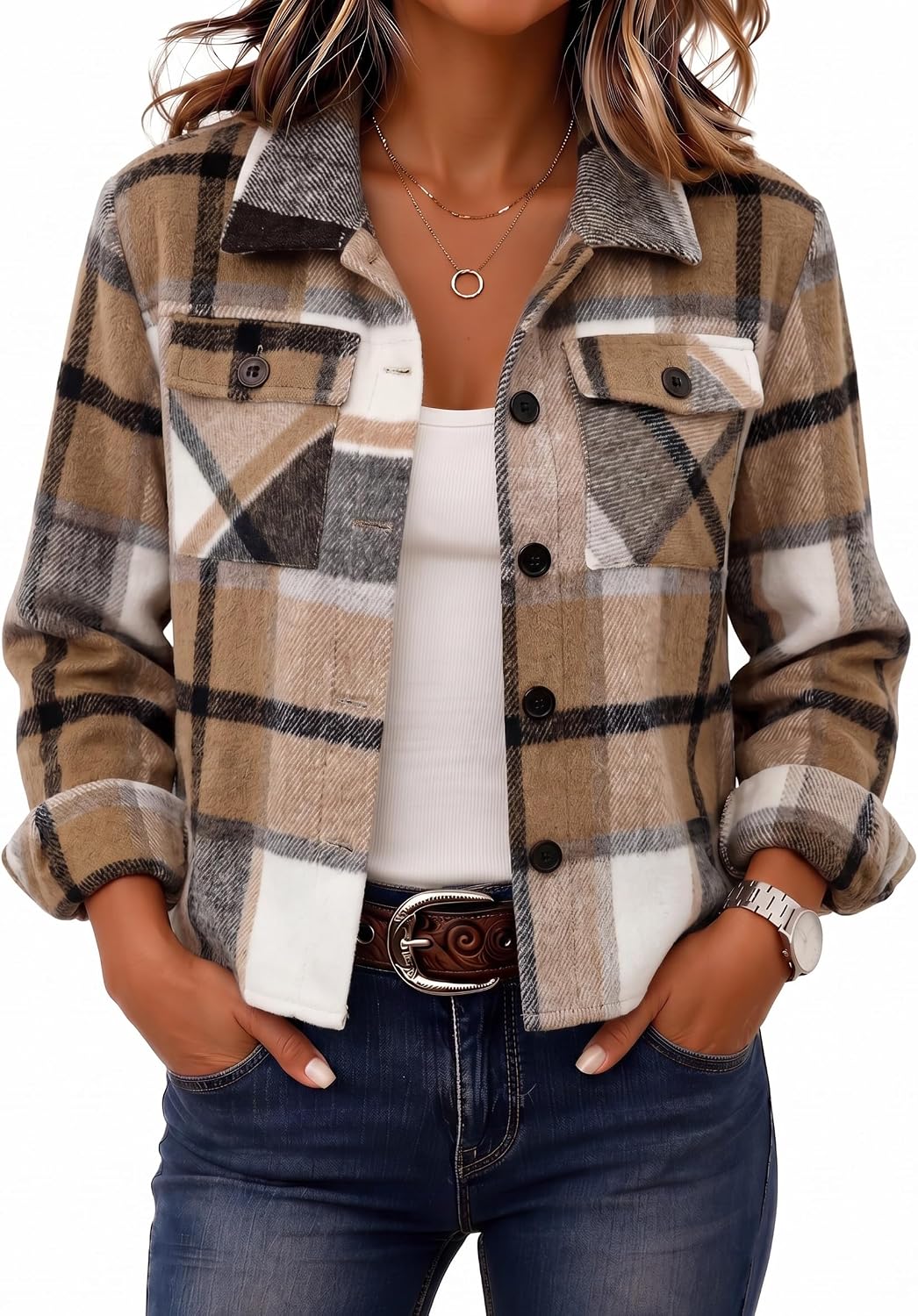 Women's Cropped Plaid Flannel Shacket - Button Down Shirt Jacket for Fall and Winter Layering - Medium