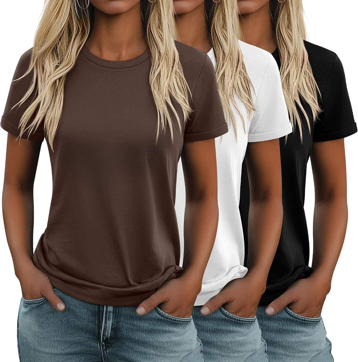 Women's Cotton Basic Tees 3 Pack - Crew Neck, Loose Fit Short Sleeve Tops for Daily and Gym Wear - Black, White, Brown (
