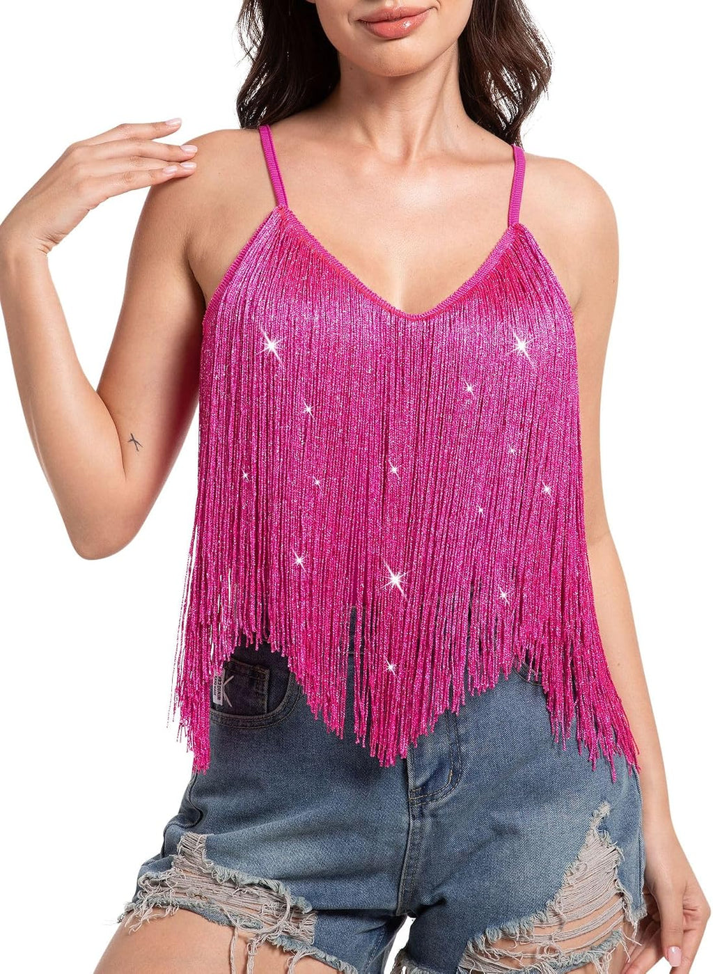 Women's Western Fringe Tank Top - Sleeveless, Tassel Hem, Country Concert and Rodeo Top for Festival Nights - Small