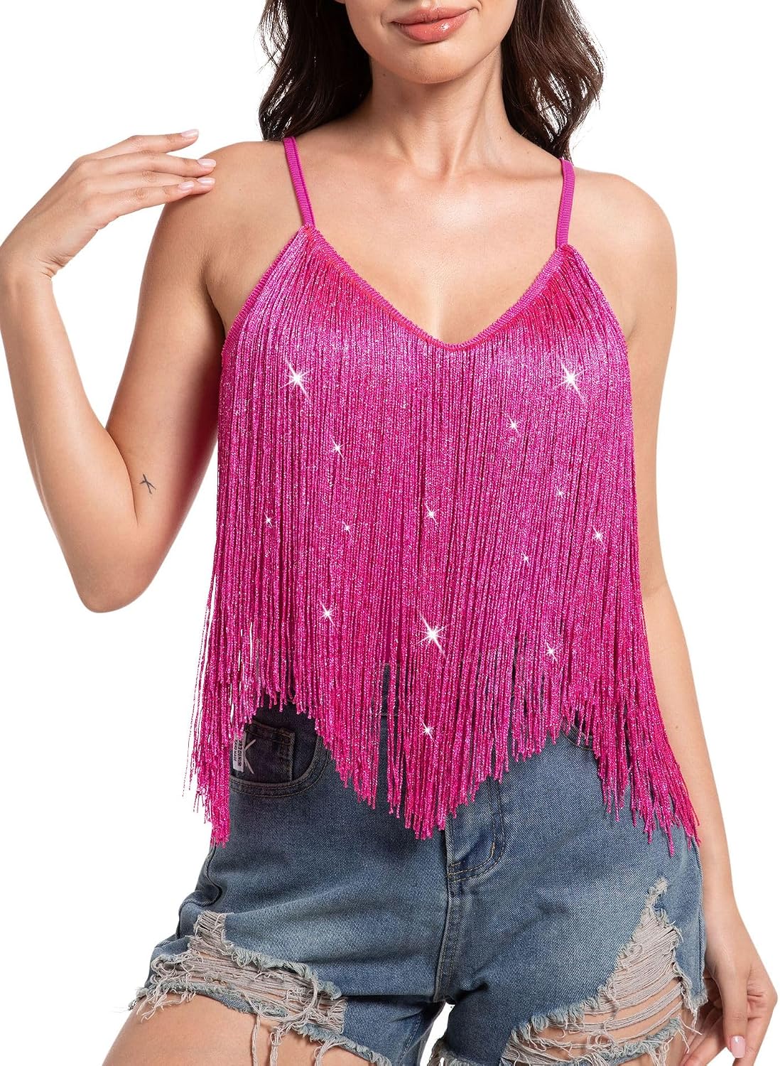 Women's Western Fringe Tank Top - Sleeveless, Tassel Hem, Country Concert and Rodeo Top for Festival Nights - Small