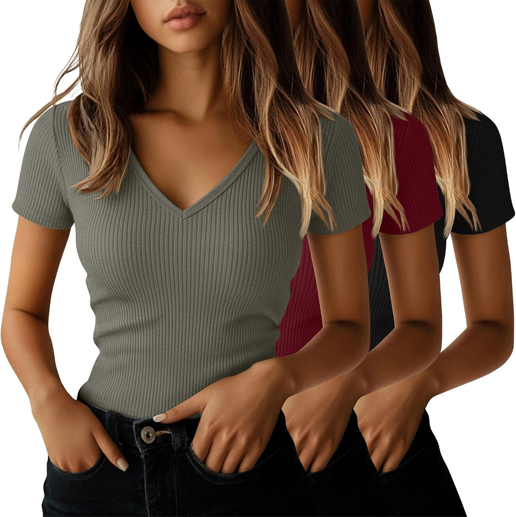Women's Ribbed V Neck Tees 3 Pack - Cotton Slim Fit, Short Sleeve Tops for Business Casual Days - Black, Sky Blue, Lemon