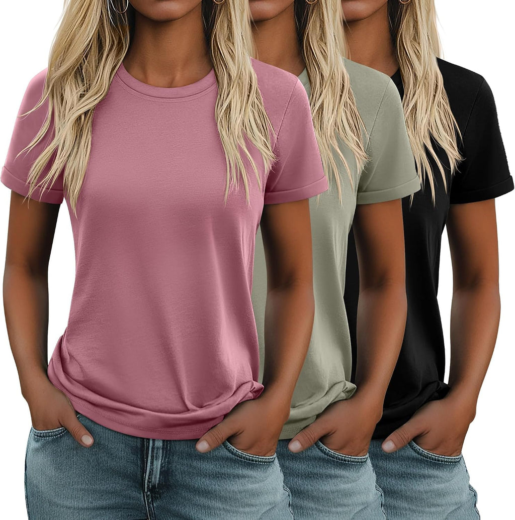 Women's Cotton Basic Tees 3 Pack - Crew Neck, Loose Fit Short Sleeve Tops for Daily and Gym Wear - Black, White, Haze Bl