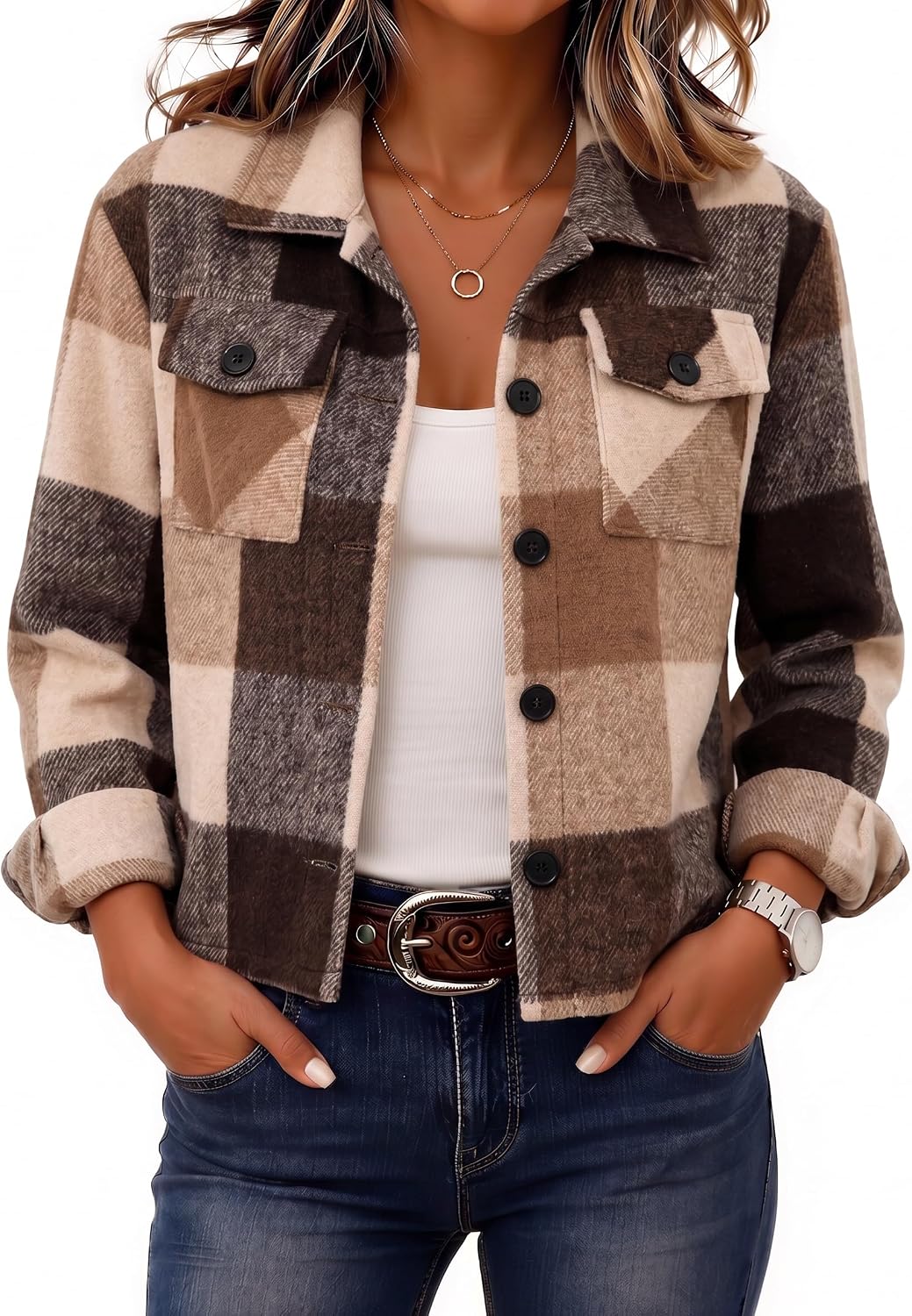 Women's Cropped Plaid Flannel Shacket - Button Down Shirt Jacket for Fall and Winter Layering - Medium