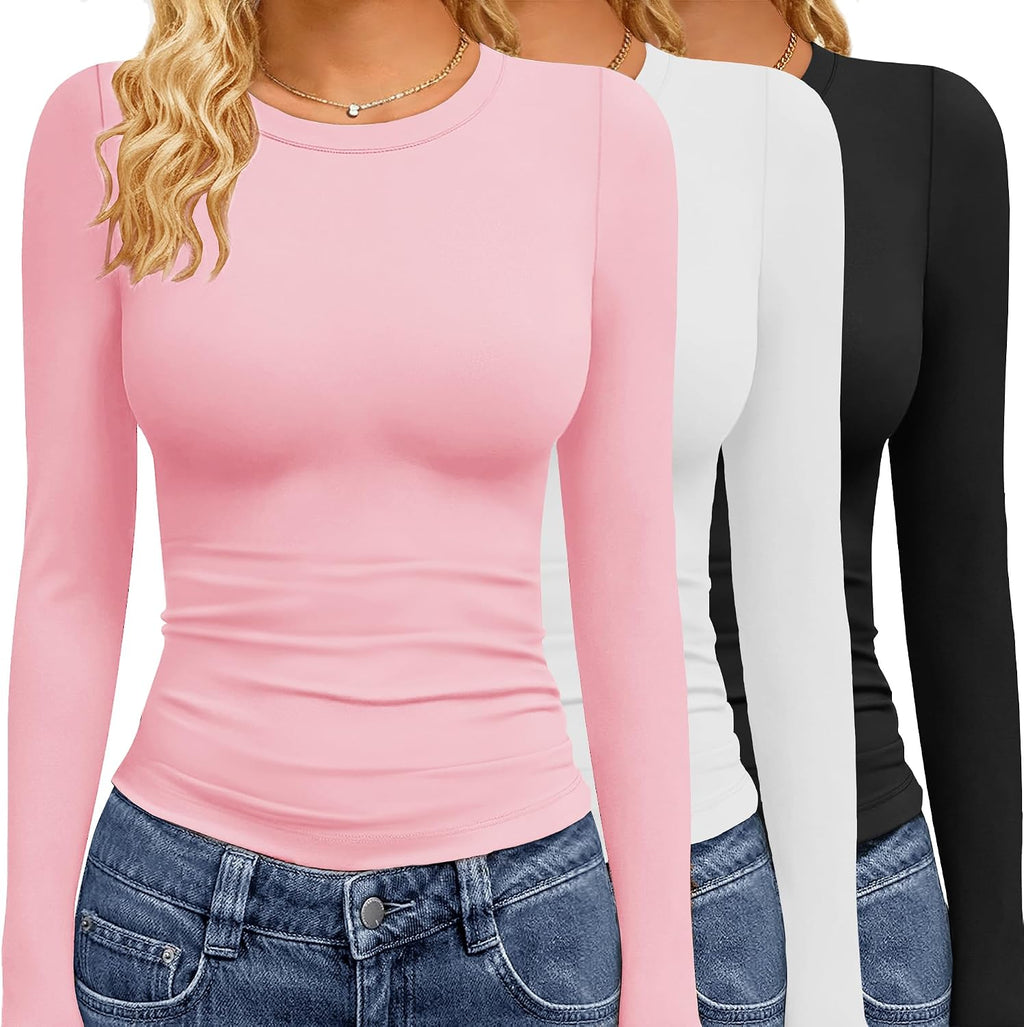Women's Long Sleeve Tees 3 Pack - Crew Neck, Slim Stretch Fit, Wrinkle Resistant Tops for Office and Gym - Black,white,b