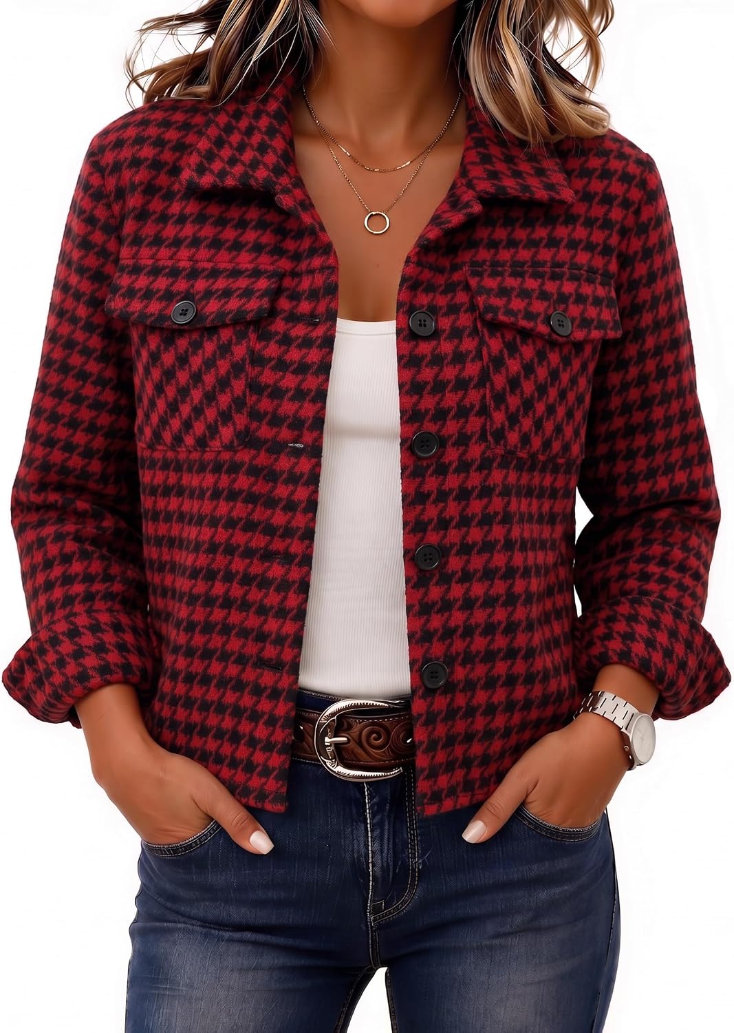 Women's Cropped Plaid Flannel Shacket - Button Down Shirt Jacket for Fall and Winter Layering - Large (28)