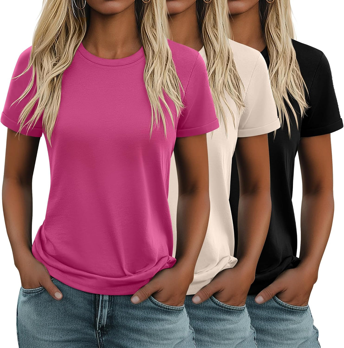 Women's Cotton Basic Tees 3 Pack - Crew Neck, Loose Fit Short Sleeve Tops for Daily and Gym Wear - Black, White, Haze Bl