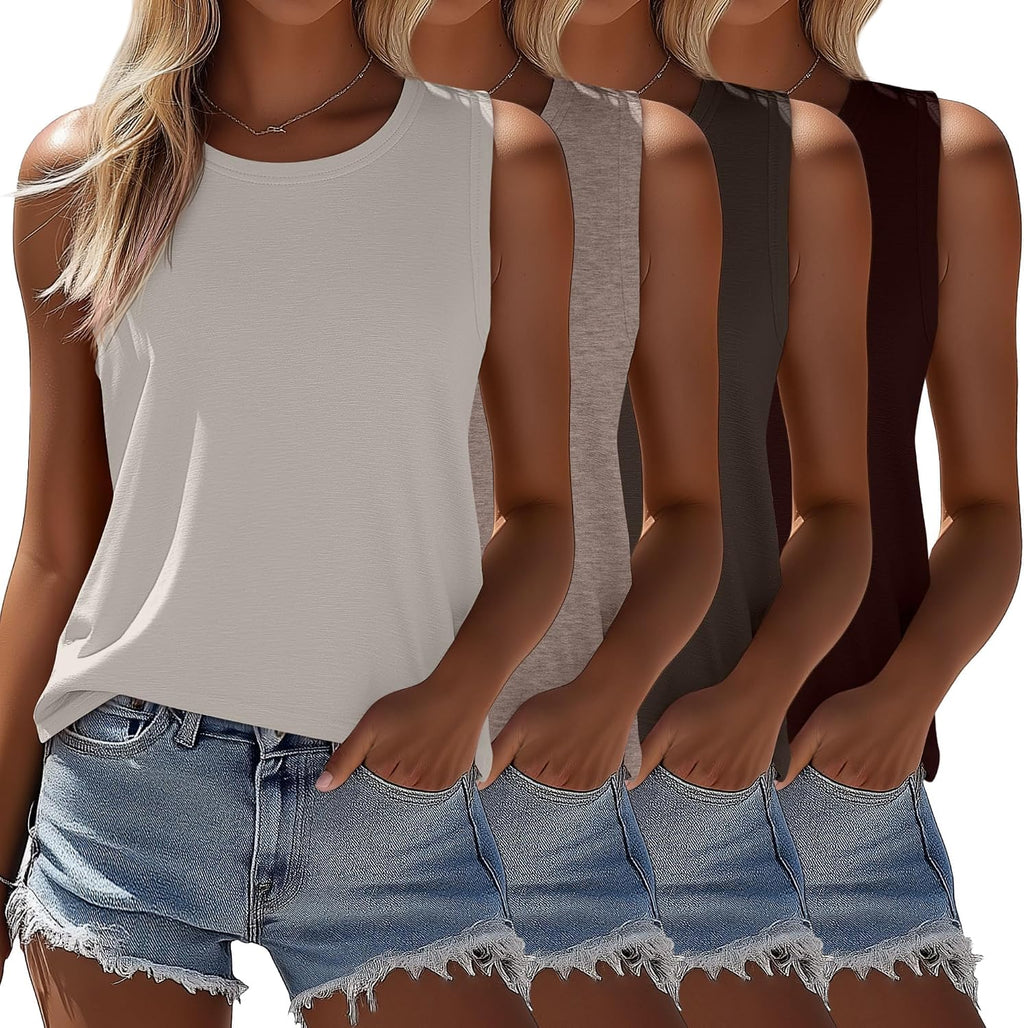 Women's Sleeveless Tunic Tanks 4 Pack - Crew Neck, Split Side Hem, Loose Flowy Tops for Summer Wear - Small