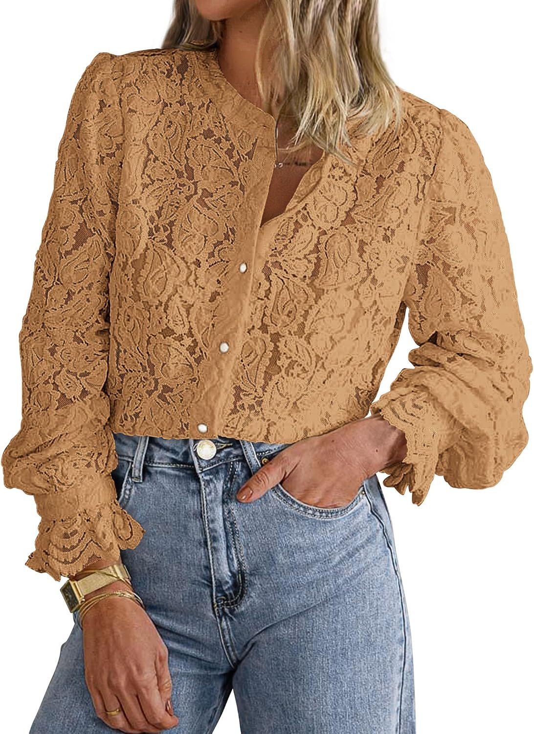 Women's Lace Button Down Blouse - Long Sleeves, Sheer Panels, Dressy Casual Top for Date Night and Travel - Medium