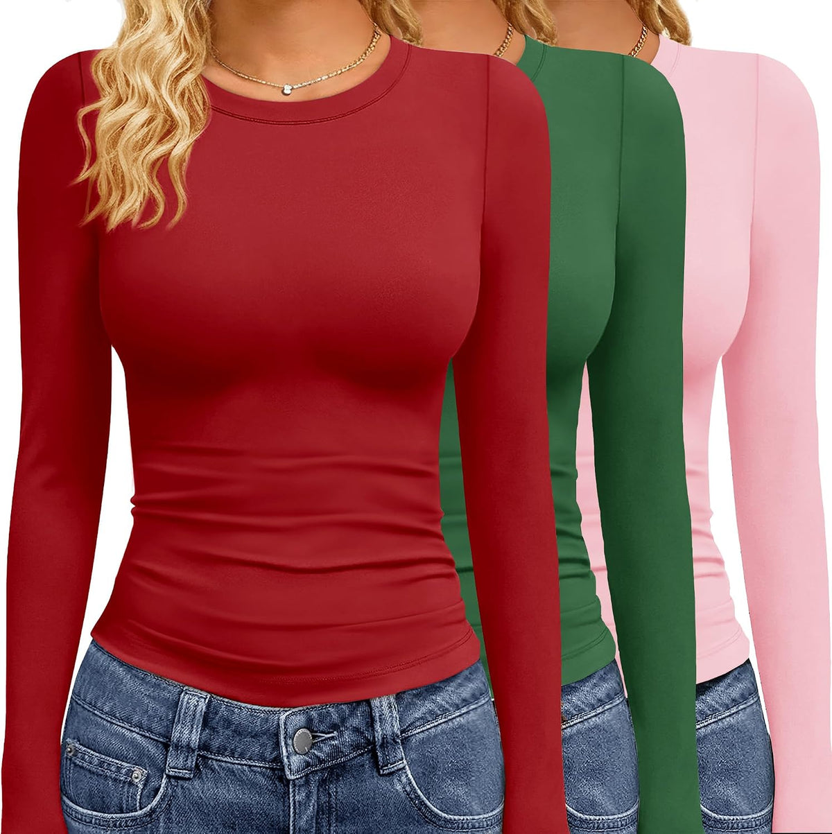 Women's Long Sleeve Tees 3 Pack - Crew Neck, Slim Stretch Fit, Wrinkle Resistant Tops for Office and Gym - Black,grey,na