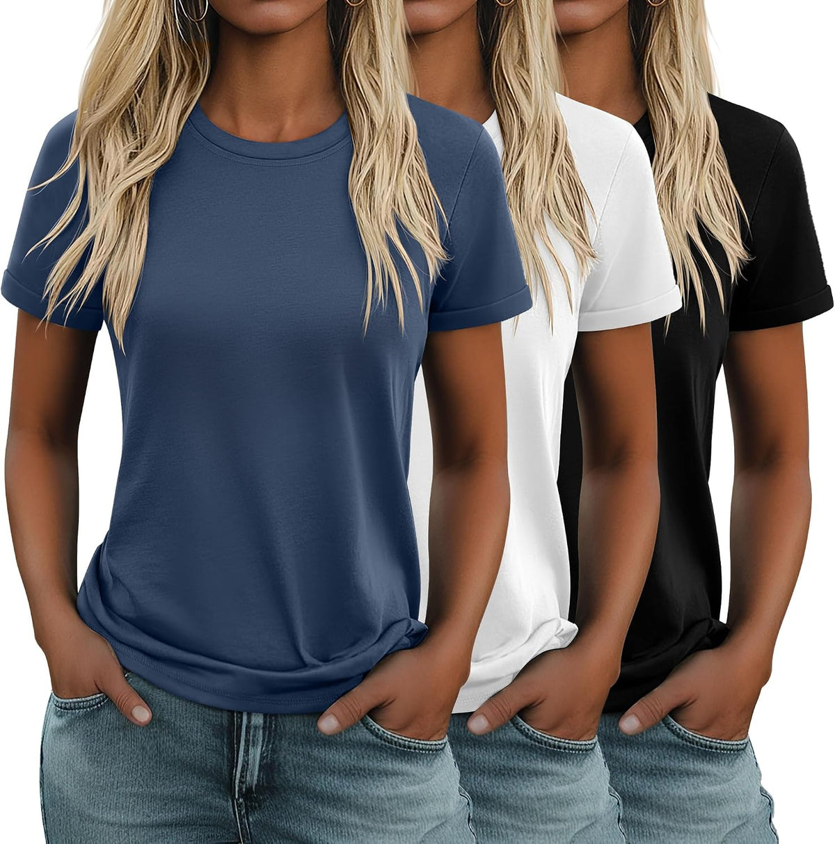 Women's Cotton Basic Tees 3 Pack - Crew Neck, Loose Fit Short Sleeve Tops for Daily and Gym Wear - Black, White, Gray