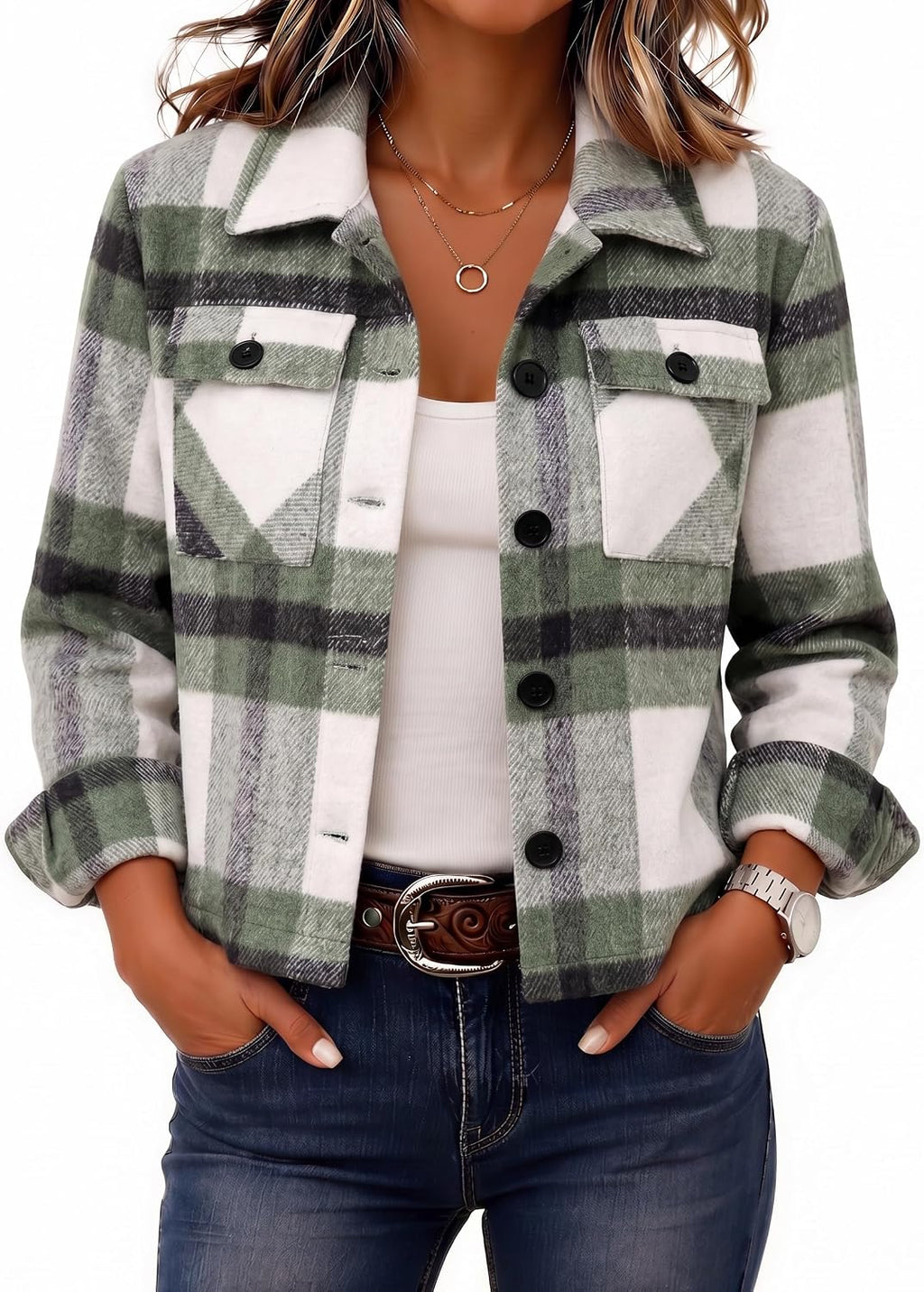 Women's Cropped Plaid Flannel Shacket - Button Down Shirt Jacket for Fall and Winter Layering - Small