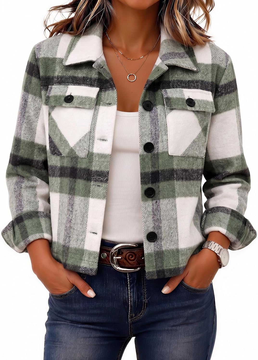 Women's Cropped Plaid Flannel Shacket - Button Down Shirt Jacket for Fall and Winter Layering - Small