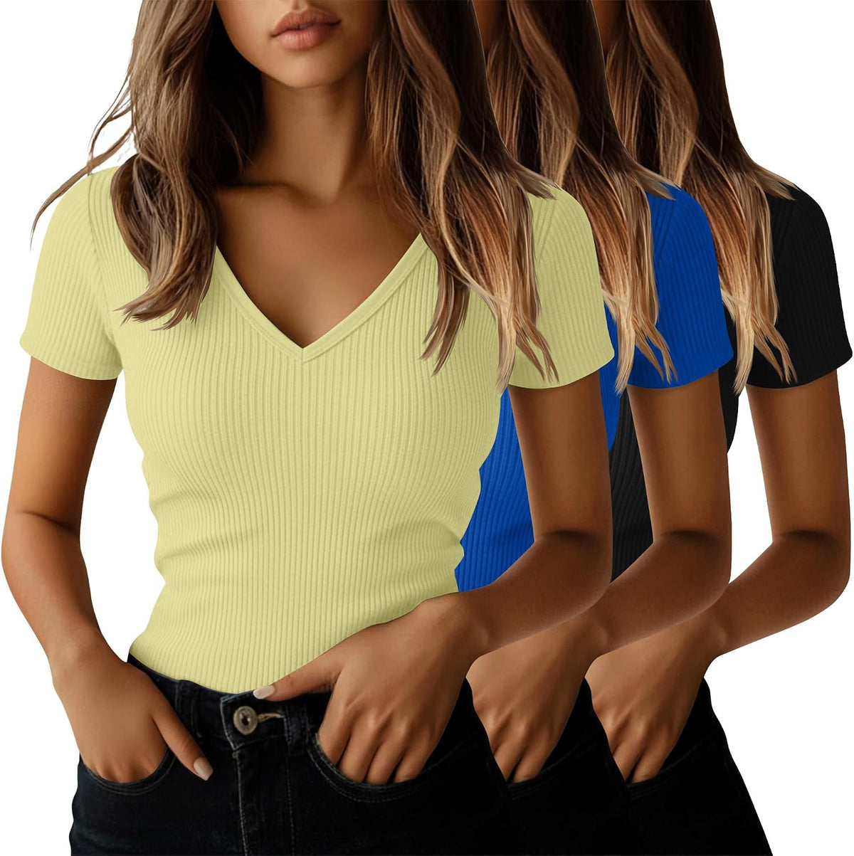 Women's Ribbed V Neck Tees 3 Pack - Cotton Slim Fit, Short Sleeve Tops for Business Casual Days - Black, White, Blue (24