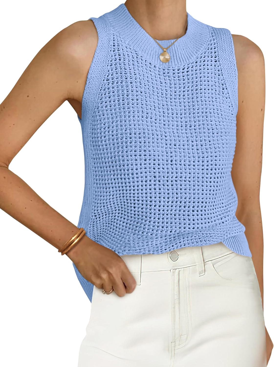 Women's Crochet Knit Tank Top - Crew Neck, Open Hollow Out Stitch, Sleeveless Sweater Vest for Resort Days - Medium