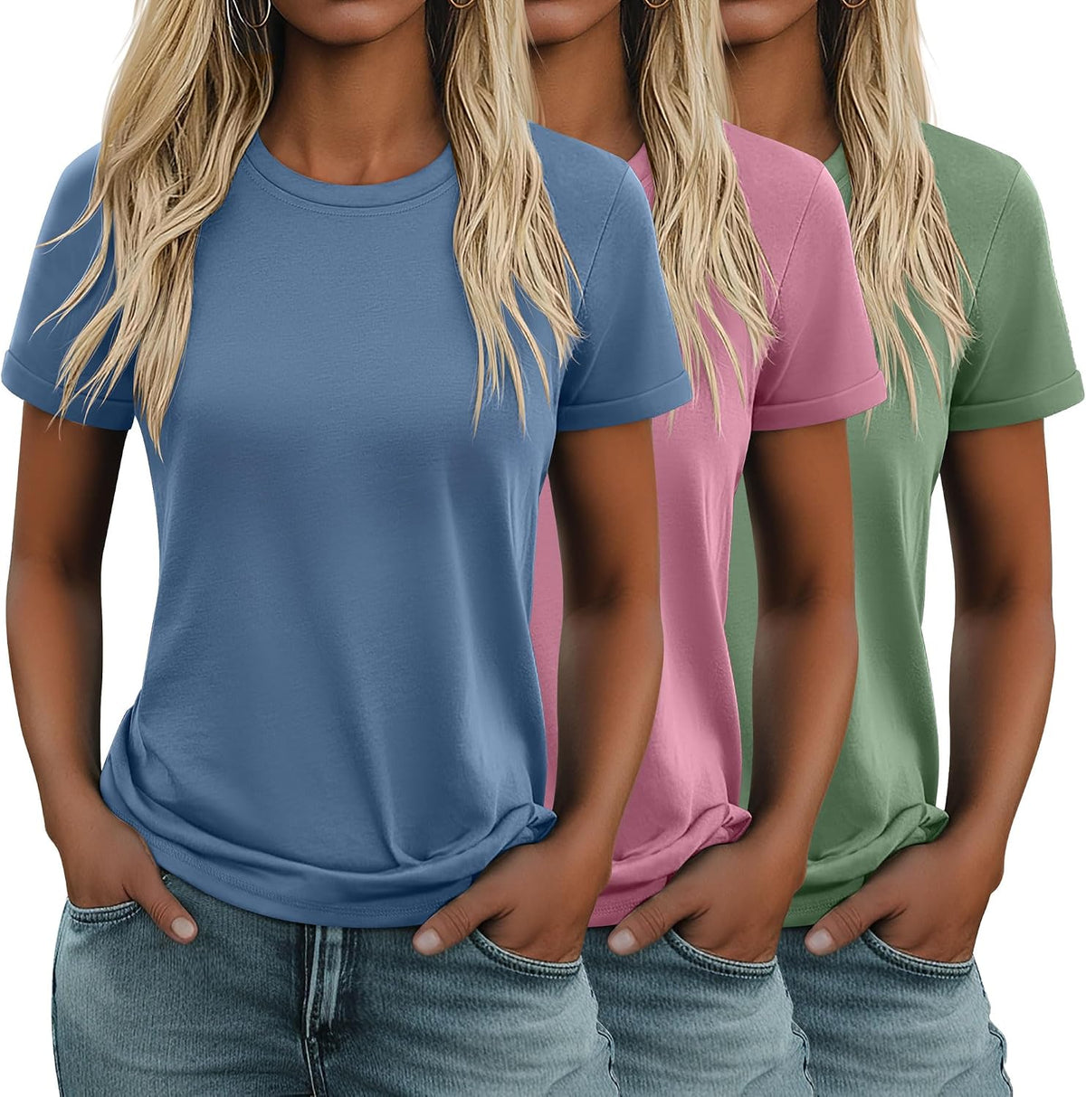 Women's Cotton Basic Tees 3 Pack - Crew Neck, Loose Fit Short Sleeve Tops for Daily and Gym Wear - Black, Cream, Rose Re