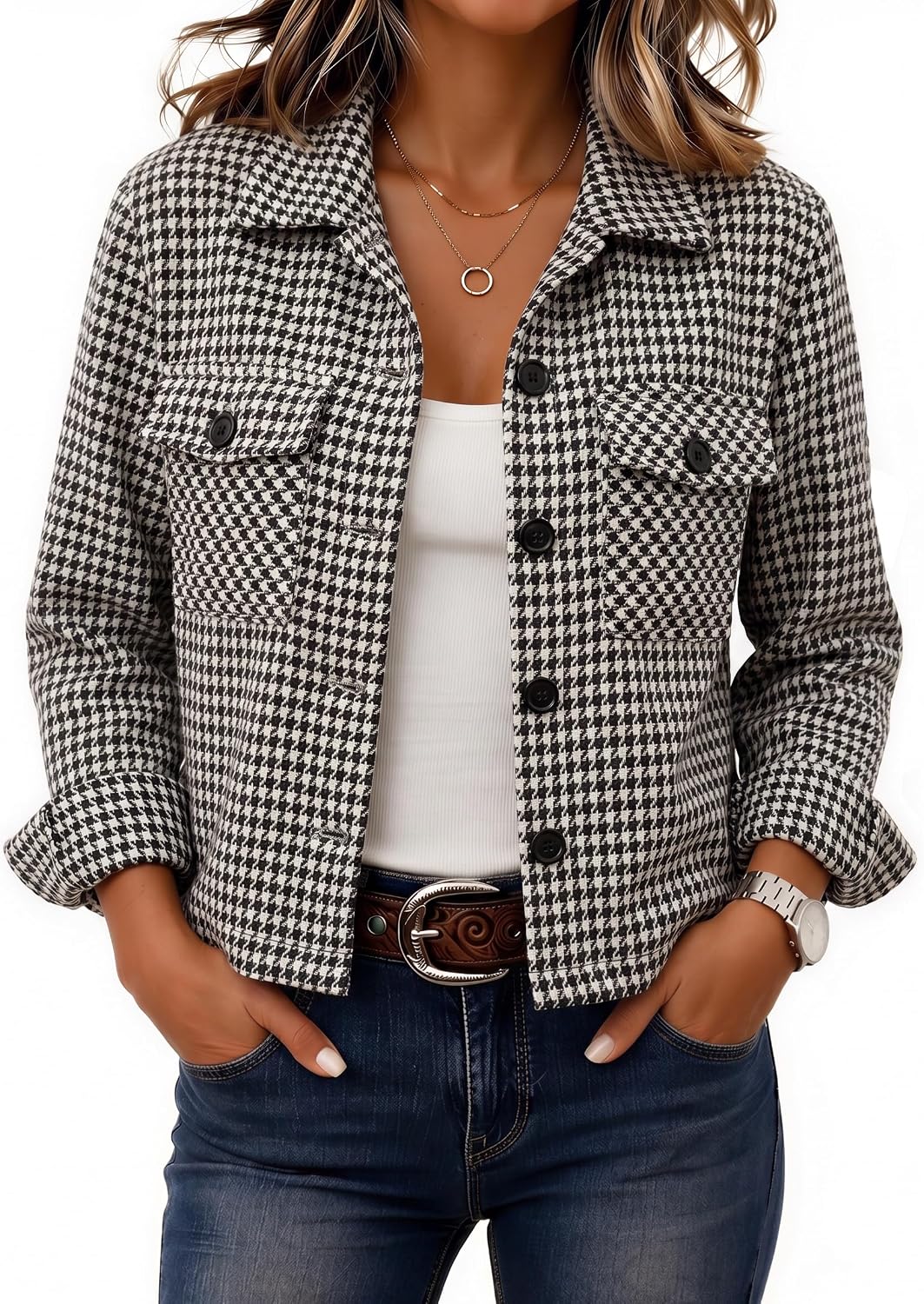 Women's Cropped Plaid Flannel Shacket - Button Down Shirt Jacket for Fall and Winter Layering - Small