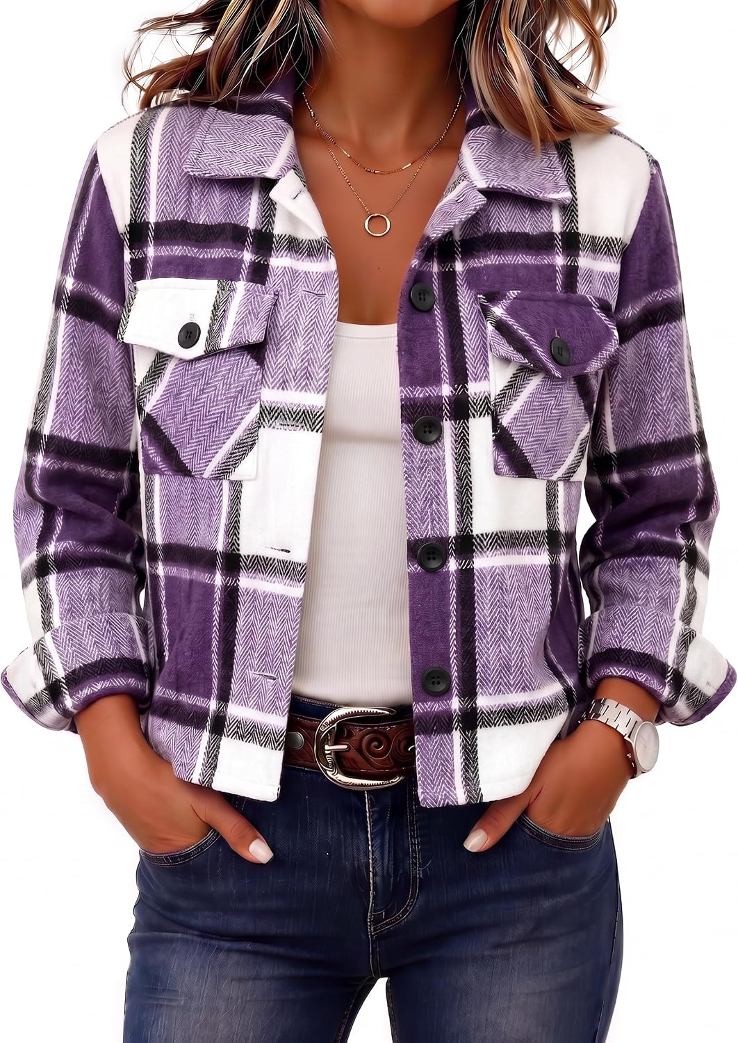 Women's Cropped Plaid Flannel Shacket - Button Down Shirt Jacket for Fall and Winter Layering - Small