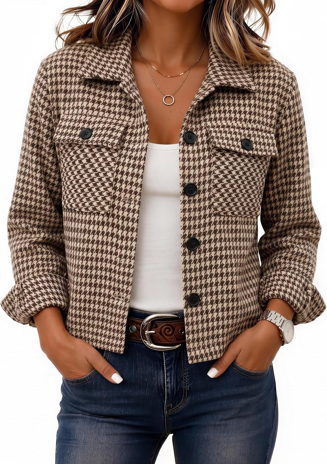 Women's Cropped Plaid Flannel Shacket - Button Down Shirt Jacket for Fall and Winter Layering - Small