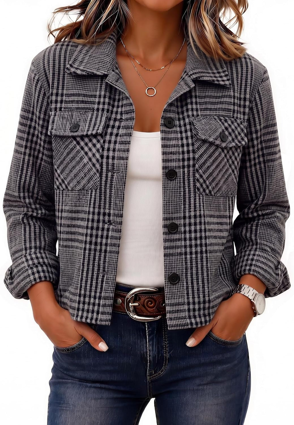 Women's Cropped Plaid Flannel Shacket - Button Down Shirt Jacket for Fall and Winter Layering - Medium