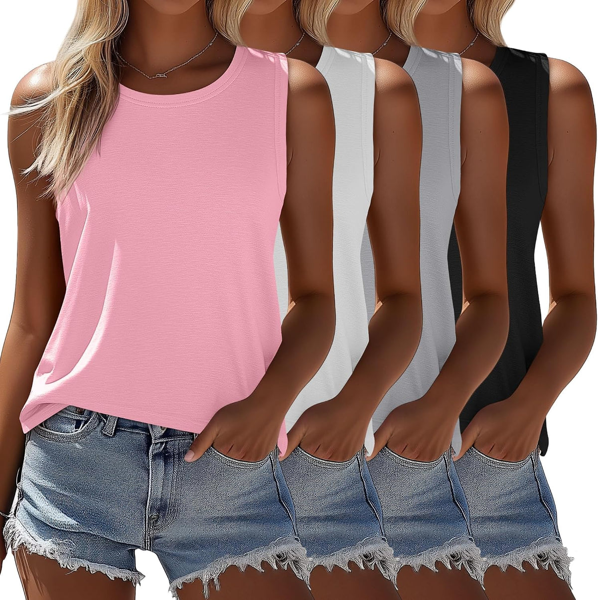 Women's Sleeveless Tunic Tanks 4 Pack - Crew Neck, Split Side Hem, Loose Flowy Tops for Summer Wear - Small