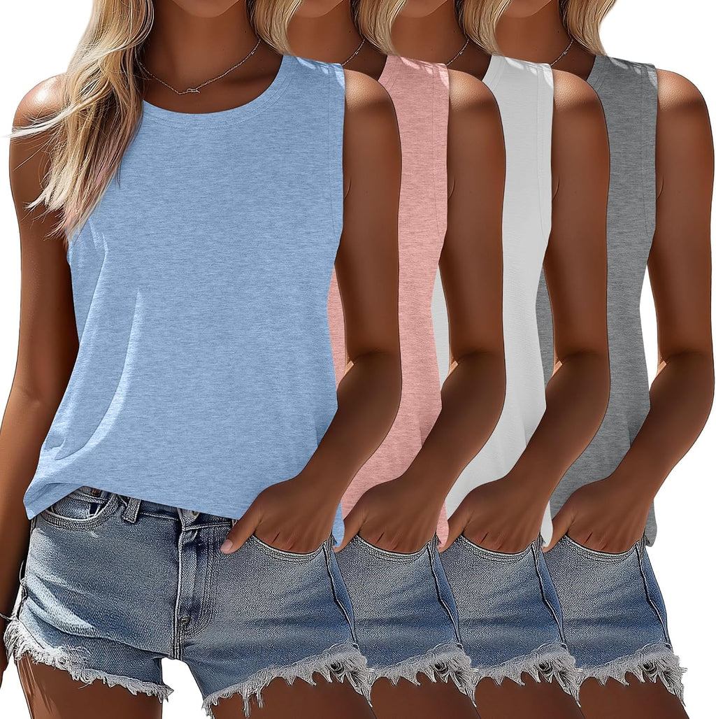 Women's Sleeveless Tunic Tanks 4 Pack - Crew Neck, Split Side Hem, Loose Flowy Tops for Summer Wear - Medium