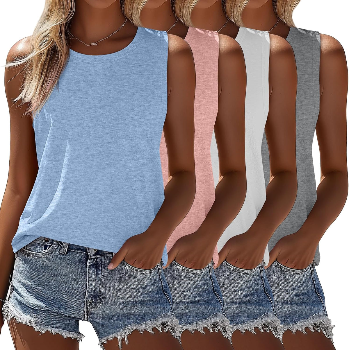 Women's Sleeveless Tunic Tanks 4 Pack - Crew Neck, Split Side Hem, Loose Flowy Tops for Summer Wear - Medium