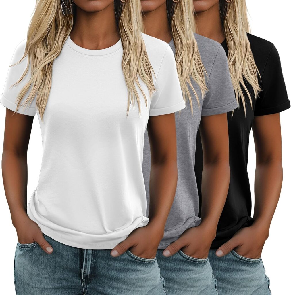 Women's Cotton Basic Tees 3 Pack - Crew Neck, Loose Fit Short Sleeve Tops for Daily and Gym Wear - Black, Coffee, Dark G
